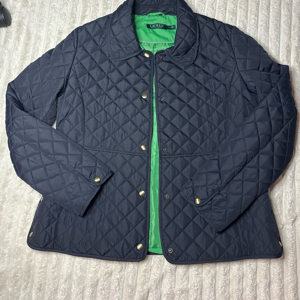 Ralph Lauren Quilted Navy Puffer Jacket with Green Lining - Picture 5 of 15